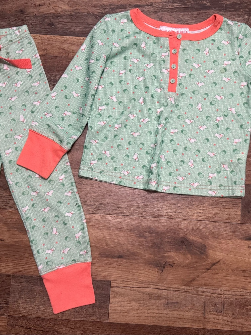 American Girl Green and Coral Dog Print Thermal Pajama Set
